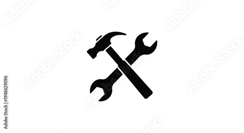 Black silhouette of a hammer and wrench crossed in an x shape
