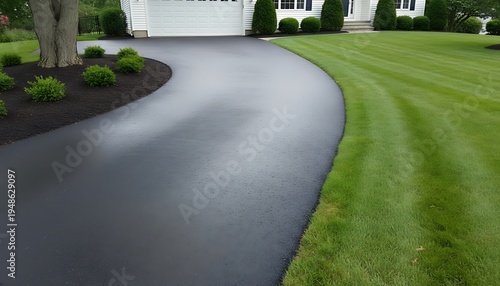 Freshly applied black sealcoat glistens on a newly restored asphalt driveway,  clean edges and subtle texture visible, Roads and Transportation Infrastructure