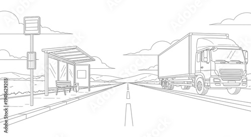 Line art depiction of a highway with a truck and a bus stop scene