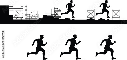 Running man silhouettes set, athlete jogging poses collection, fitness training activity, sport runner motion concept, active lifestyle illustration, isolated vector design