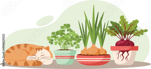 Cozy Cat with Potted Plants, Herbs, and Vegetables for Home Garden and Nature-Inspired Illustrations