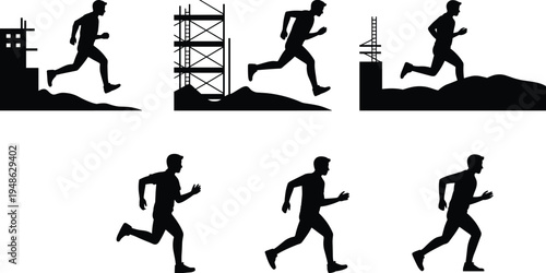 Running man silhouettes with construction site background, athlete jogging poses set, fitness training motion concept, urban sport activity, isolated vector illustration