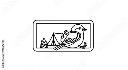 Cute Bird Camping Adventure with Tent and Campfire Illustration