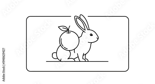 Cute Bunny Rabbit with Apple on Back, Outline Illustration, No Cruelty Symbol
