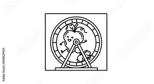 Cute cartoon apple character running on a hamster wheel, funny healthy food concept