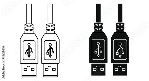 Black and white illustration of four usb connectors displaying different variations