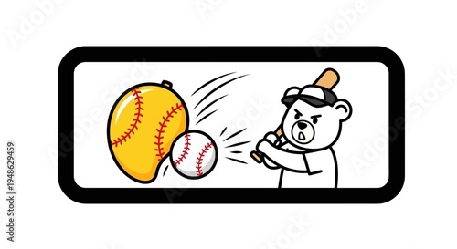 Cute cartoon bear playing baseball with a giant mango and baseball