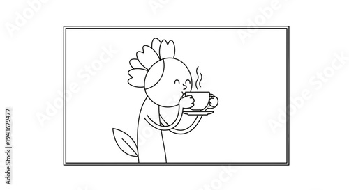 Cute cartoon bird with flower on head drinking hot coffee from cup, steaming beverage