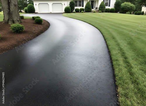 Freshly applied black sealcoat glistens on a newly restored asphalt driveway,  clean edges and subtle texture visible, Roads and Transportation Infrastructure