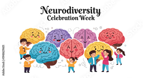 Illustration of diverse people celebrating Neurodiversity Celebration Week with colorful brain designs and emotive expressions on a white background.