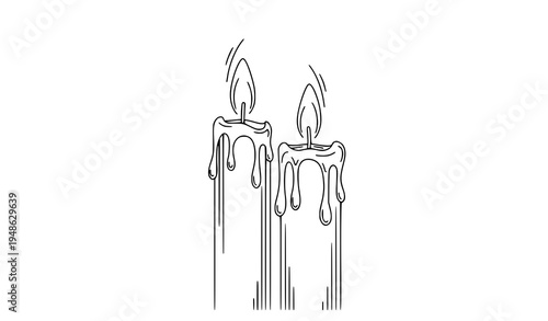 A minimalist line art illustration of two burning candles with melting wax