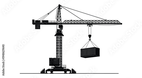 Black and white illustration of a tower crane lifting a shipping container