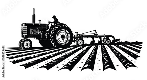 A vintage tractor plows a field depicted in a stark black and white woodcut style
