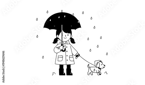 A cartoon girl walking her dog on a rainy day with an umbrella