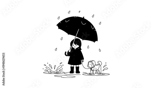 A minimalist illustration of a girl and her dog on a rainy day