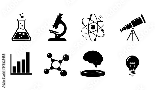 A set of science and research icons in a flat minimal style