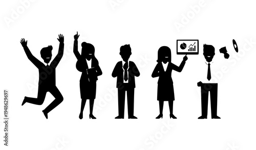 A vector graphic illustration of business people in various poses and actions