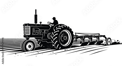 Vintage tractor plowing a field black and white illustration with linear detailing
