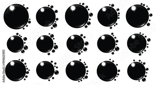 A grid of glossy black spheres with bright highlights and surrounding smaller bubbles