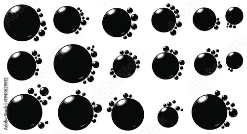 A sequence of black spheres with white footprints demonstrating animated movement