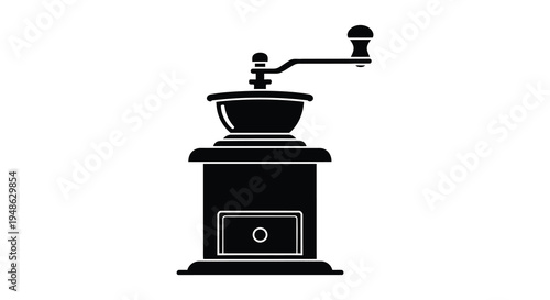 Simple black silhouette of a vintage hand crank coffee grinder high quality