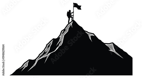 Silhouette of a person planting a flag on a mountain peak symbolizing success