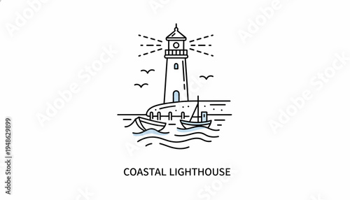 Coastal Lighthouse Icon with Boats and Birds, Minimalist Line Art