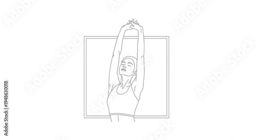 Woman Stretching Arms Upwards, Minimalist Line Art, Wellness and Fitness Concept
