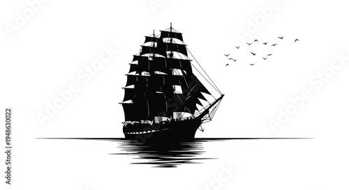 Elegant sailing ship silhouette with a flock of birds against a calm sea