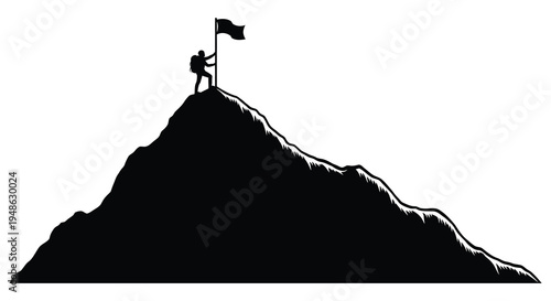 Silhouette of a hiker reaching the summit of a mountain planting a flag