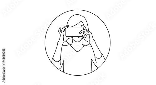 Woman taking photo with smartphone in horizontal mode, close up, isolated on white background