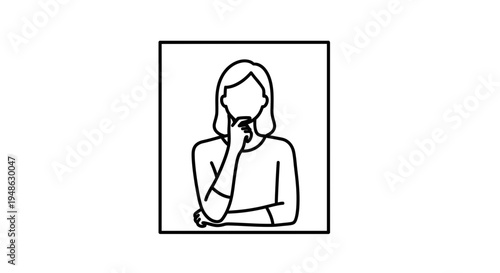 Woman thinking, hand on chin, contemplating, decision making, doubt, uncertainty, black and white illustration