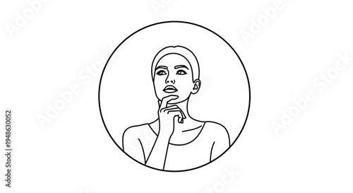 Woman Thinking, Hand on Chin, Looking Up, Question Mark Concept, Black and White Line Art
