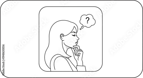 Woman thinking, questioning, pondering, contemplating, with a question mark in a thought bubble