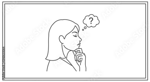 Woman thinking with question mark in thought bubble, contemplating a decision, pondering, confused, doubt