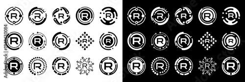 Modern letter R logo collection featuring abstract circular tech shapes and dynamic orbit lines. Perfect for research, robotics, and futuristic brand identity.