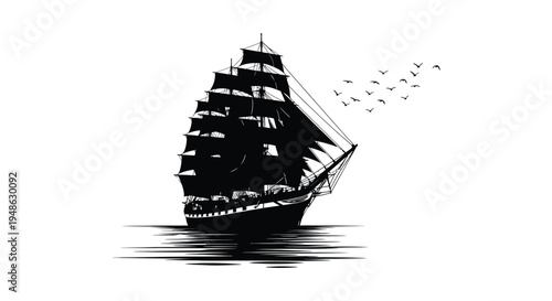 A detailed black and white illustration of a tall ship sailing with birds overhead
