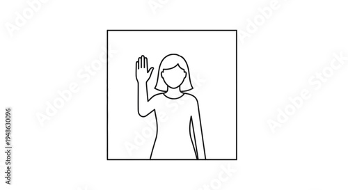 Woman waving hello, friendly greeting, isolated on white background, simple line art icon