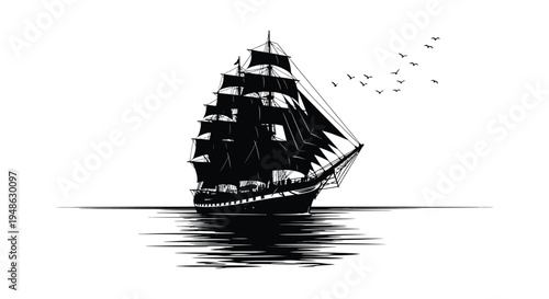 A striking black and white illustration of a tall sailing ship with birds