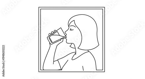 Woman drinking water from glass, healthy lifestyle, hydration, refreshment, simple line art