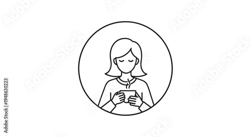 Woman holding a hot cup of coffee or tea, enjoying a warm beverage in a simple line art icon.