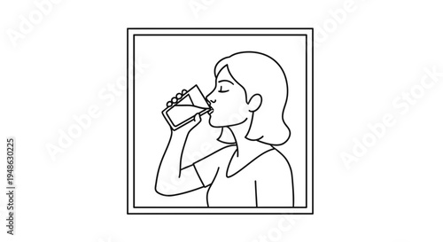 Woman drinking water from glass, healthy lifestyle, hydration, refreshment, simple line art icon
