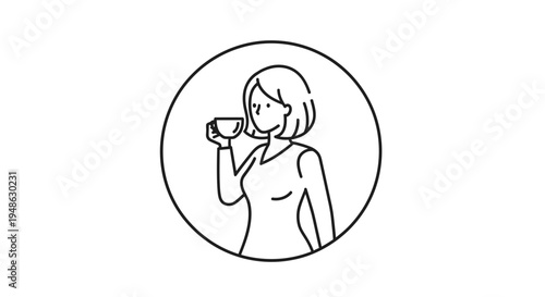 Woman enjoying a cup of coffee or tea in a minimalist line art illustration