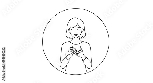 Woman holding smartphone and coffee cup, enjoying moment of calm, line art illustration