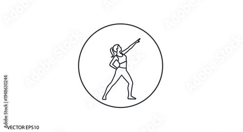 Woman in athletic wear pointing up, fitness icon, healthy lifestyle, vector illustration