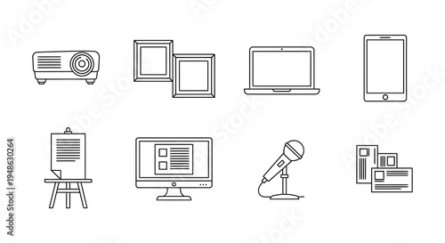 Presentation equipment icons projector laptop monitor microphone and document displays