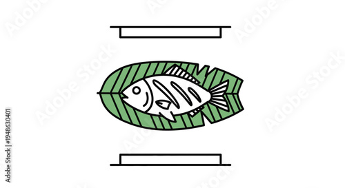 Whole grilled fish on banana leaf, simple illustration, food presentation