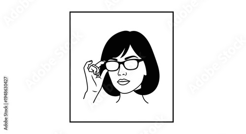 Woman Adjusting Glasses, Minimalist Line Art Portrait, Black and White