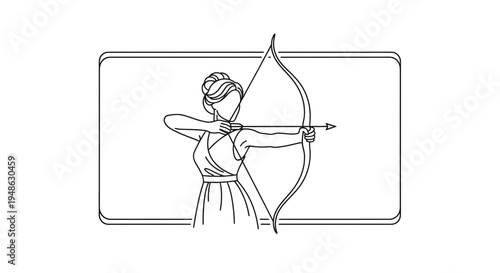 Woman Archer Aiming Bow and Arrow, Outline Drawing, Ancient Greek Style