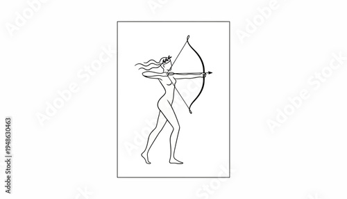 Woman Archer Silhouette Drawing, Aiming Bow and Arrow, Dynamic Action Pose